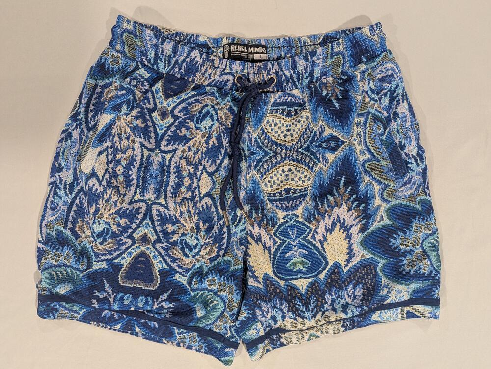 Rebel Minds Swim Shorts Mens Large Blue Paisley Mesh Lined Elastic Waist Trunks